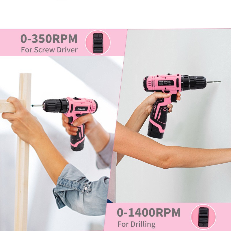 Power Tools Pink - Rosa Handbohrmaschine 10mm Zweigang-Schlagbohrmaschine mit Lithium-Akku